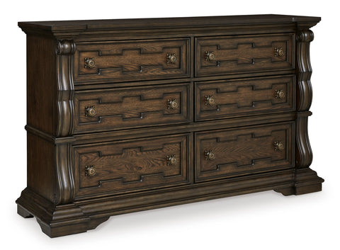 Dark Brown Six-Drawer Dresser with Ornamental Scrollwork