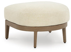 Dark Brown/White, complete outdoor ottoman with cushion angled view - 1