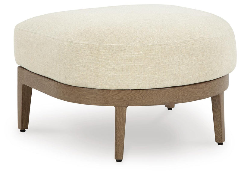 Wood-Look Aluminum Outdoor Ottoman with White Cushion
