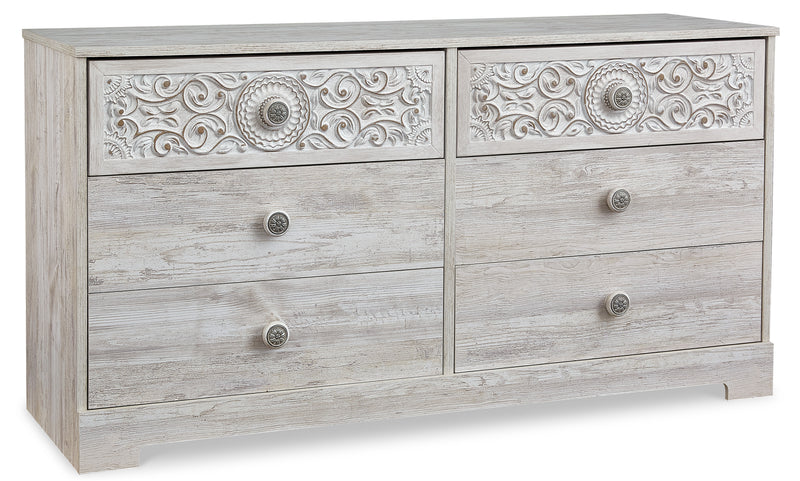 Whitewash Low Six-Drawer Dresser with Medallion Detailing