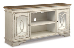 Chipped White TV stand with mirrored doors, full product view - 1