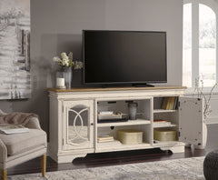 Chipped White TV stand with mirrored doors, product view 3 - 3
