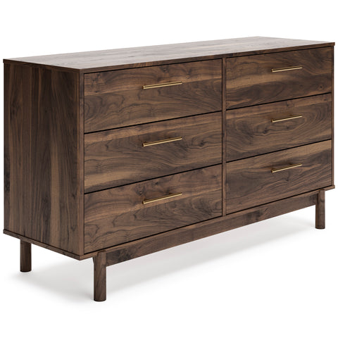Mocha Walnut-Grain Six-Drawer Dresser with Gold-Tone Pulls