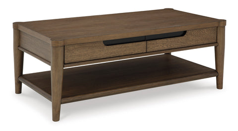 50-Inch Brown Coffee Table with Two Drawers and Lower Shelf