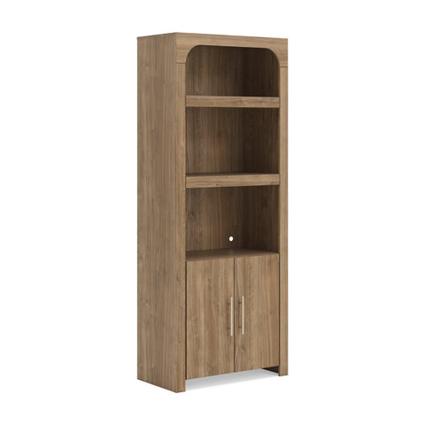Brown Tall Display Cabinet with Open Shelves and Double Doors