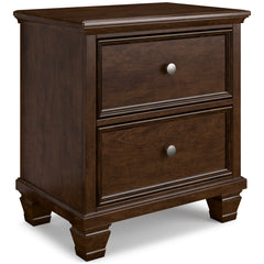 Brown, complete two-drawer nightstand, angled view - 1