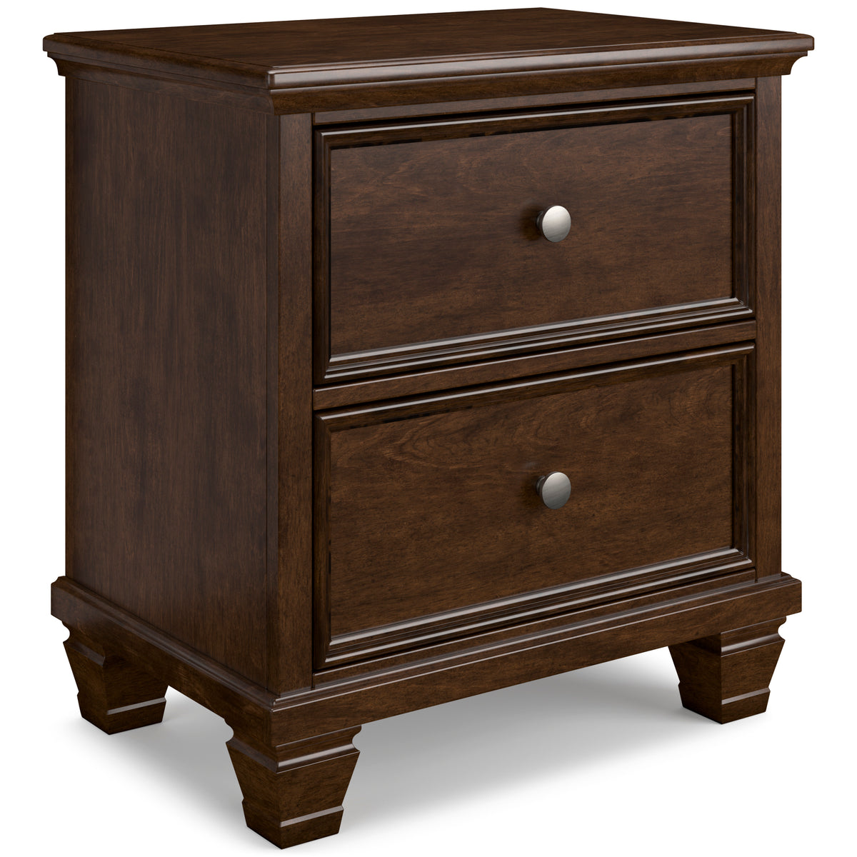 Brown, complete two-drawer nightstand, angled view