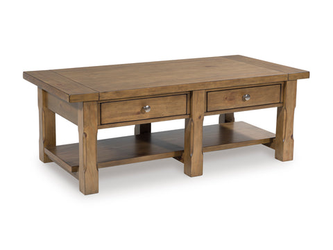 54-Inch Burnished Brown Coffee Table with Two Drawers and Shelf
