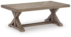 Beige, complete rectangular outdoor coffee table angled view - 1