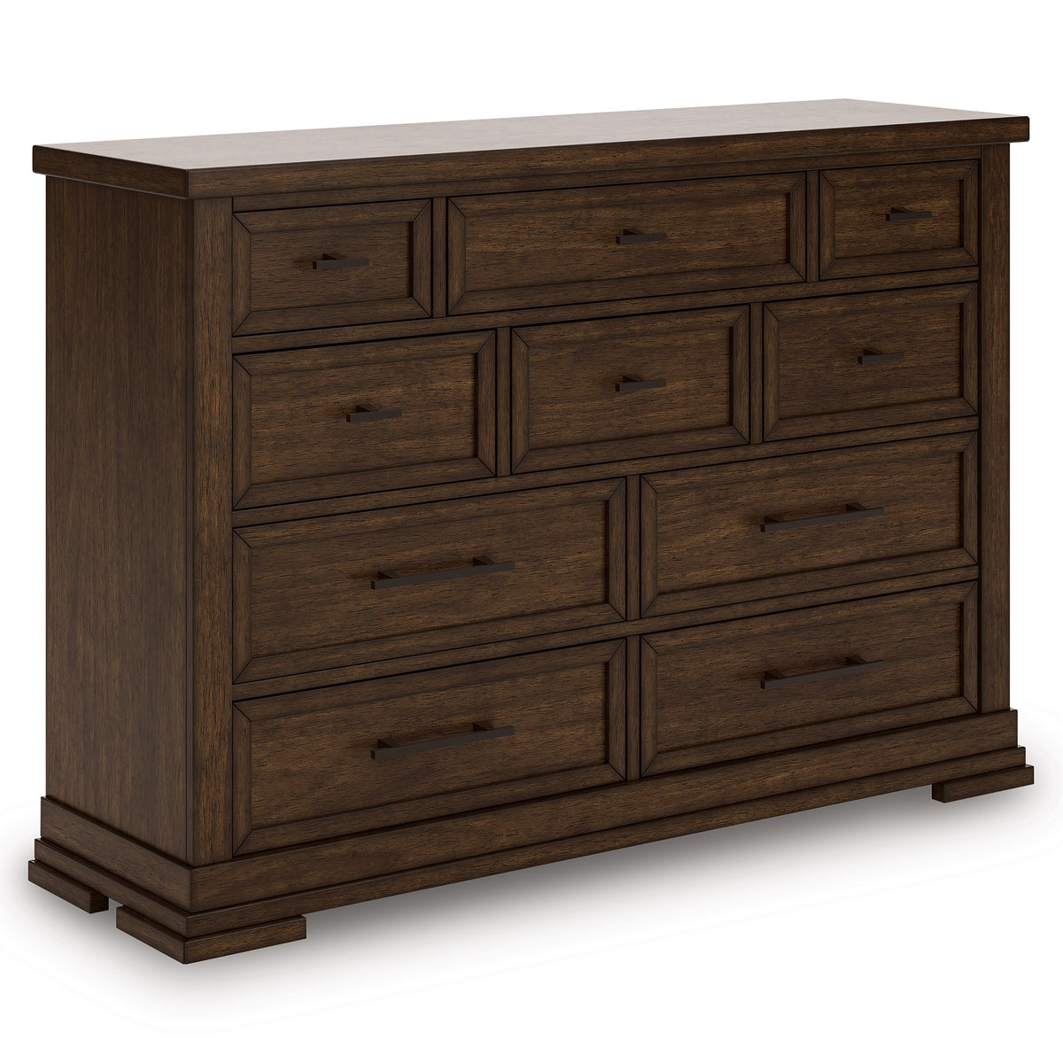 Medium Brown, complete ten-drawer dresser, angled view