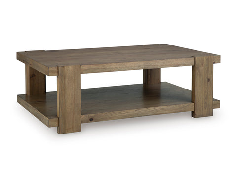 Light Brown Rustic Oak Veneer Coffee Table with Open Shelf