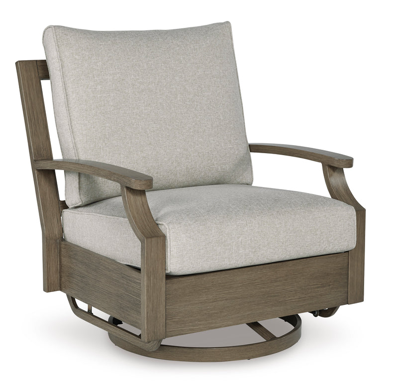 Brown Outdoor Aluminum Swivel Glider Chair with Beige Cushions