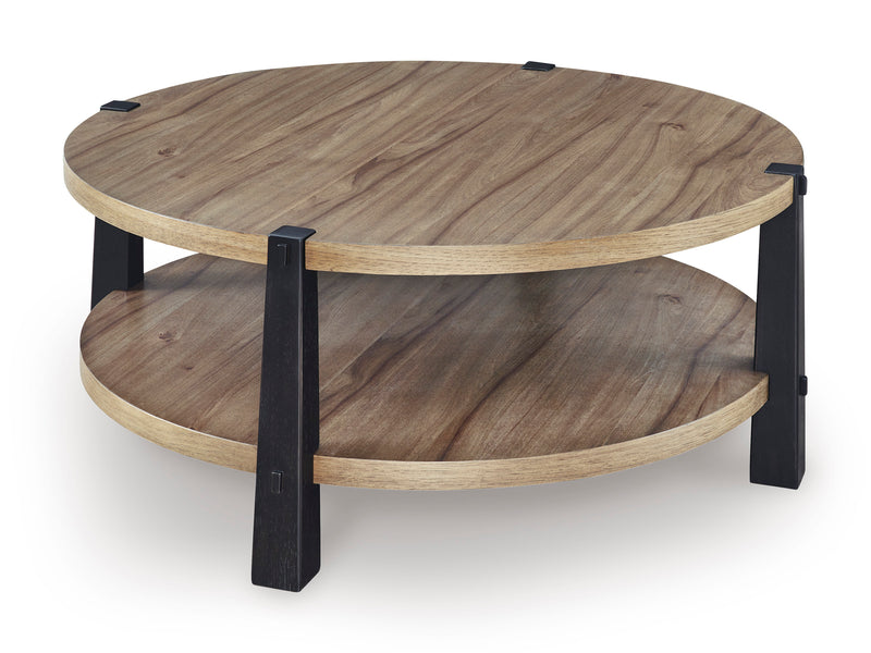 Light Brown Round Coffee Table with Black Legs and Lower Shelf