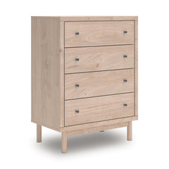 Tan / Light Oak-Look Four-Drawer Chest with Black Knobs — complete product angled view - 1