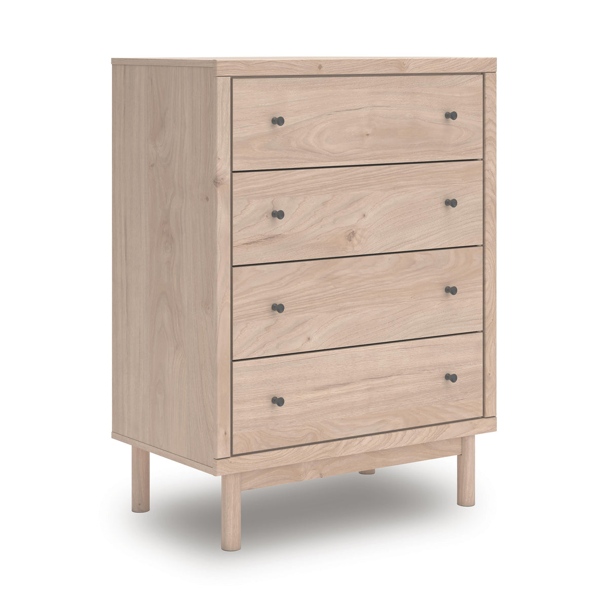 Tan / Light Oak-Look Four-Drawer Chest with Black Knobs — complete product angled view