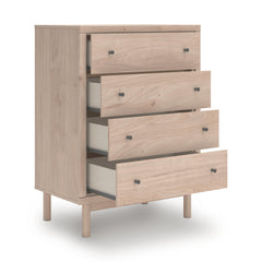 Tan / Light Oak-Look Four-Drawer Chest with Black Knobs — drawers open - 3