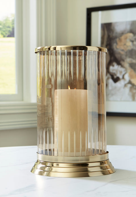 Aavinson Light Amber Carved Glass and Brass-Tone Candle Holder