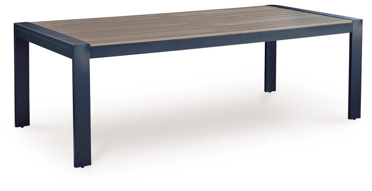 Navy Blue/Driftwood, full rectangular dining table angled view