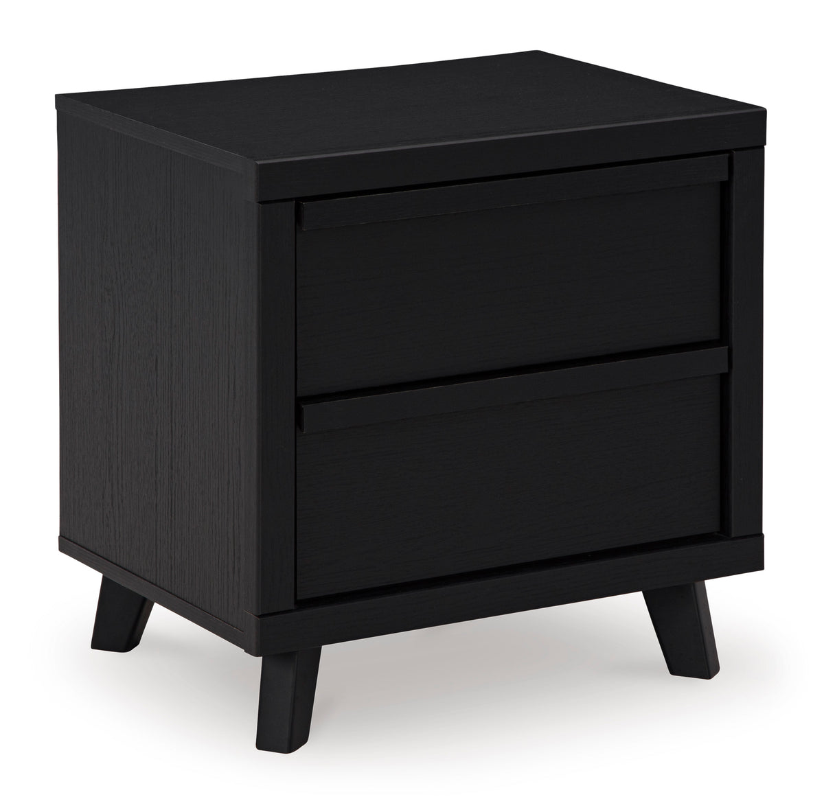 Black, complete two-drawer nightstand, closed angled view