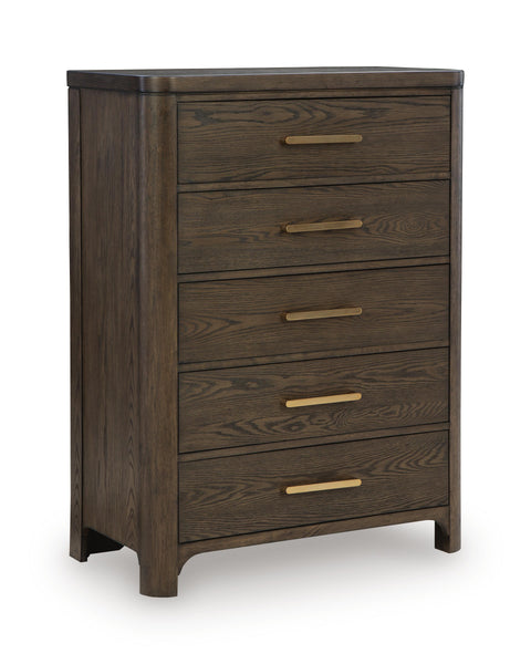 Burnished Brown Five-Drawer Chest with Brass-Tone Pulls