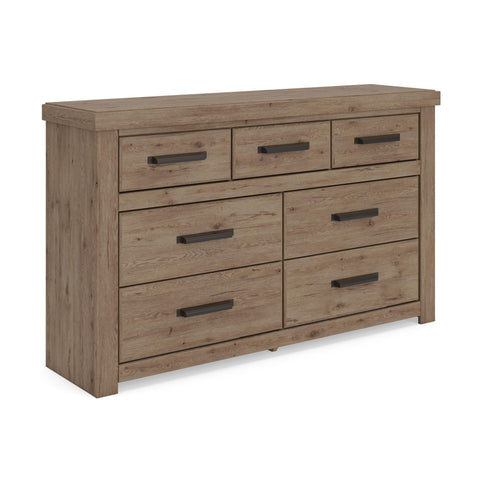 Rustic Oak-Look Wide Dresser with Bronze-Tone Hooded Pulls