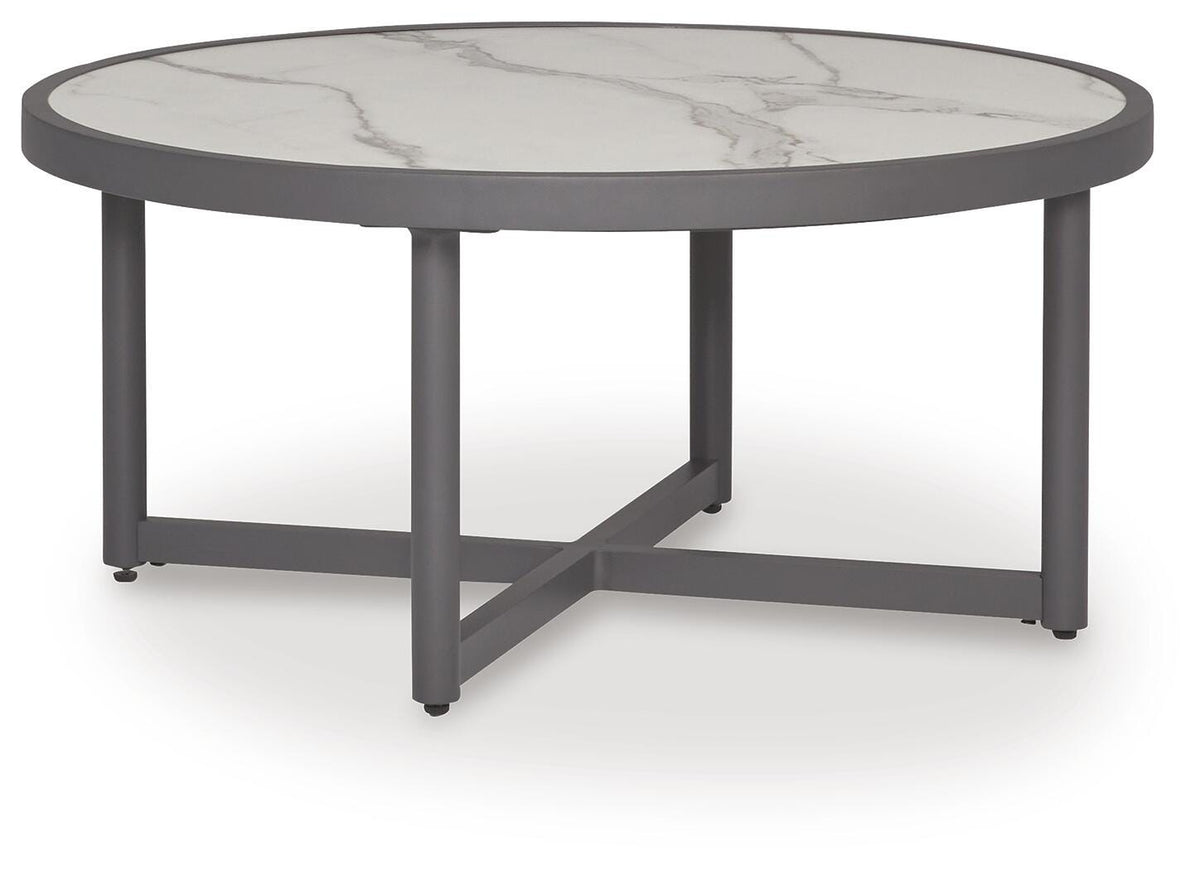 Gray, full round coffee table angled view