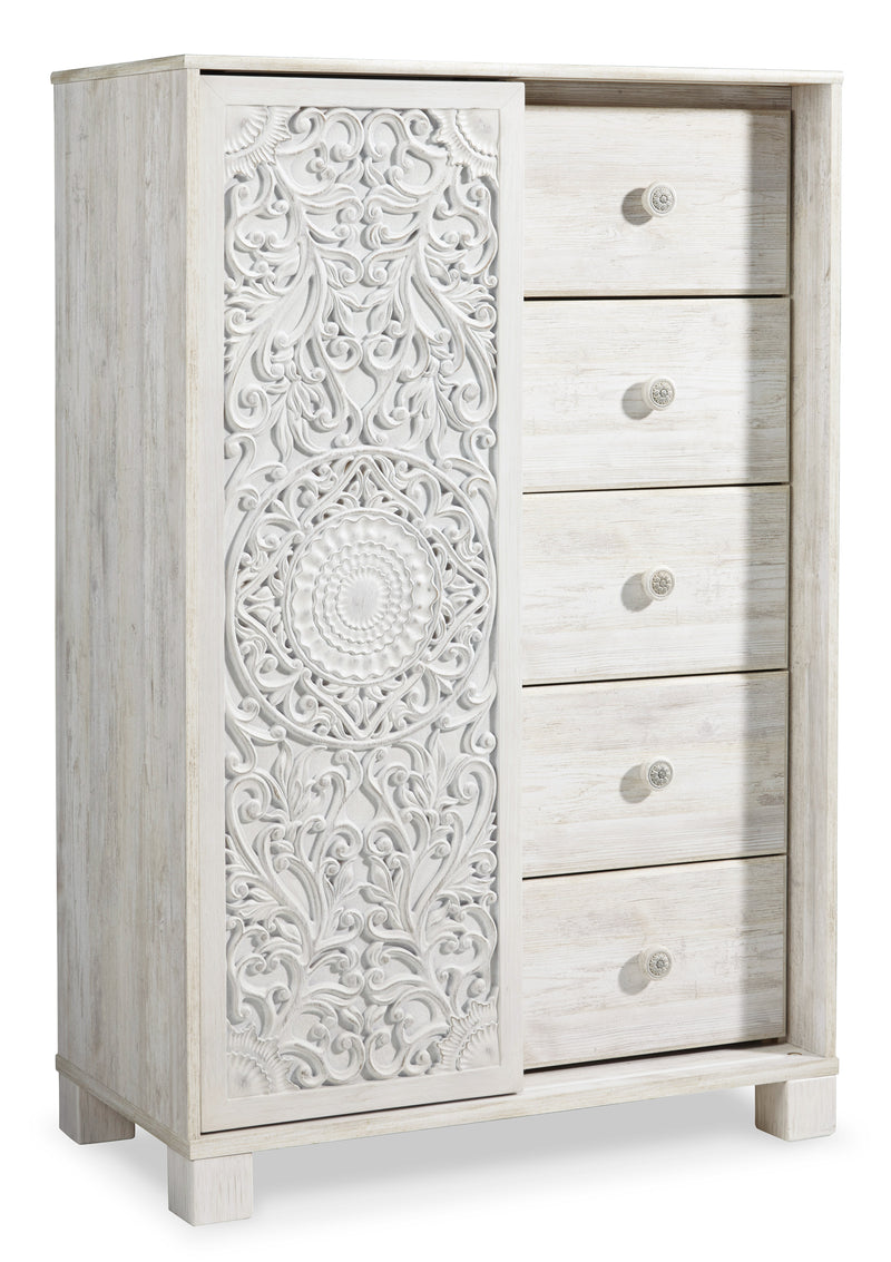 Whitewash Five-Drawer Dressing Chest with Decorative Sliding Door