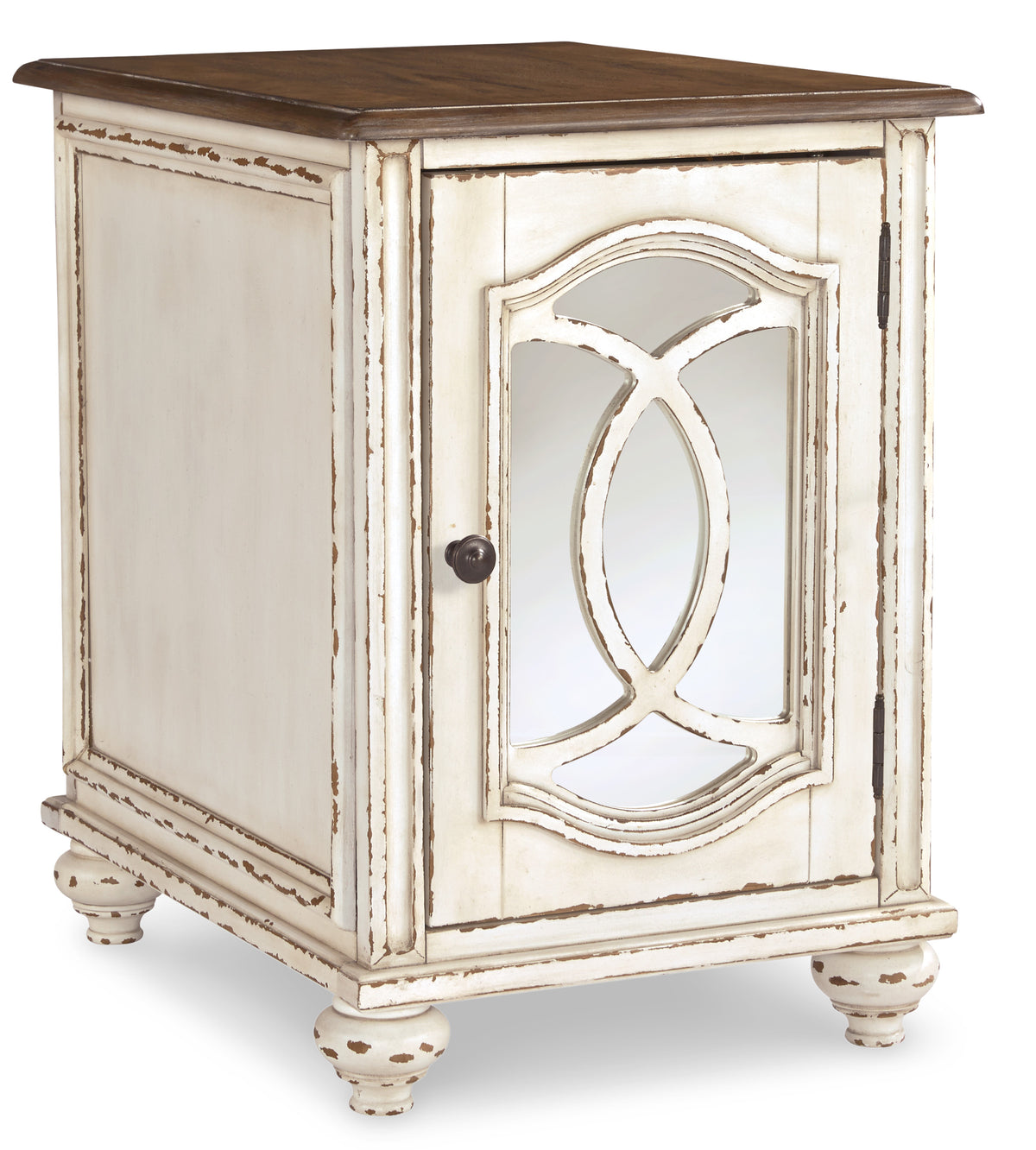 White/Brown chairside end table, full product view