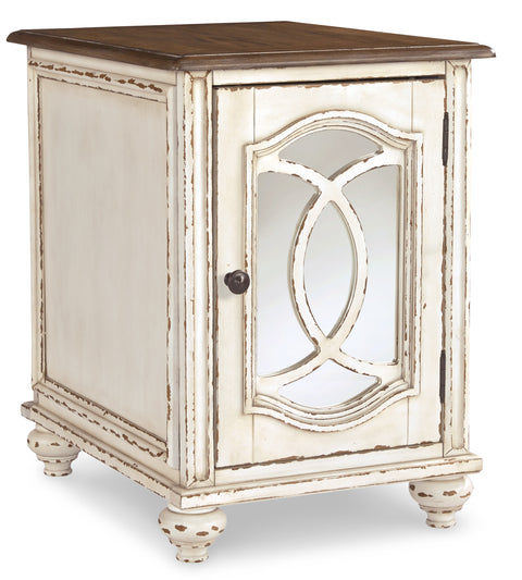 Realyn White and Brown Mirrored-Door Chairside End Table