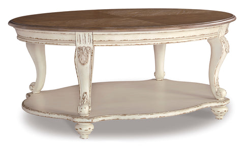 Antiqued White and Brown Oval Coffee Table with Shelf