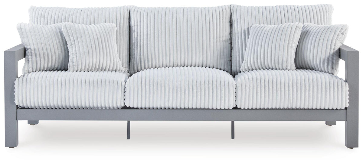 Gray, full sofa front view with four pillows