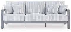 Gray, full sofa front view with four pillows - 1