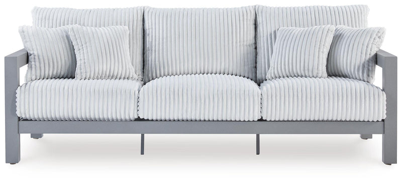 Gray Aluminum Outdoor Sofa with Corded Cushions and Four Pillows