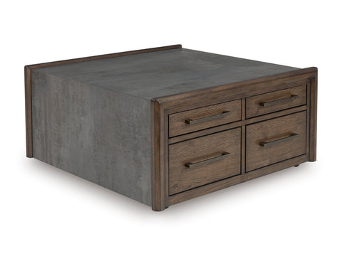 Brown and Gray Square Coffee Table with Eight Drawers and Casters