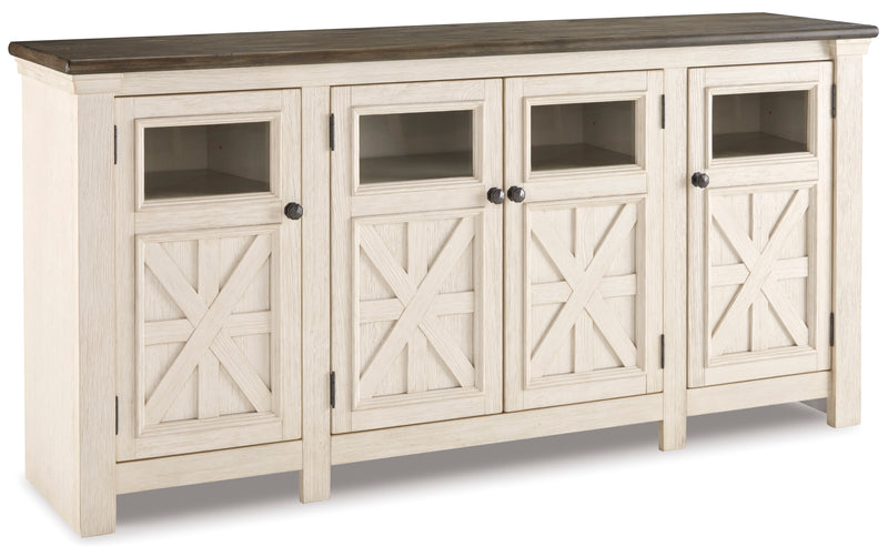 Antique White Four-Door TV Stand with Weathered Top
