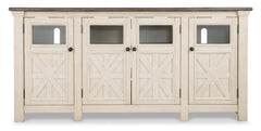White/Weathered Gray TV stand with glass inset cabinet doors, product view 2 - 2