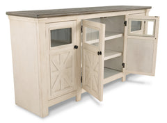 White/Weathered Gray TV stand with glass inset cabinet doors, product view 3 - 3