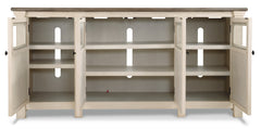 White/Weathered Gray TV stand with glass inset cabinet doors, product view 4 - 4