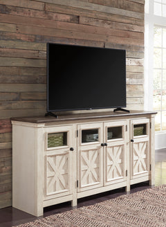 White/Weathered Gray TV stand with glass inset cabinet doors, product view 6 - 6
