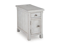 Antique White chairside table with cabinet and USB charging, full product view - 1