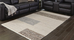 Beige/Brown/Gray 91.5" x 119", room view; furniture excluded - 2