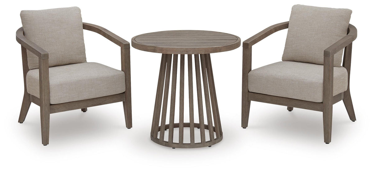 Beige, complete table and two cushioned chairs