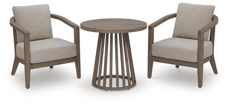 Beige Eucalyptus Outdoor Cafe Table and Two Cushioned Chairs