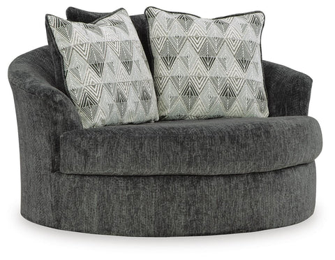 Shadow Gray Oversized Swivel Chair with Patterned Pillows