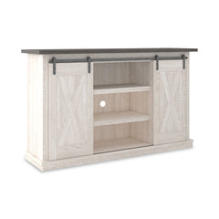 Two-tone TV stand with sliding barn doors, full product view - 1