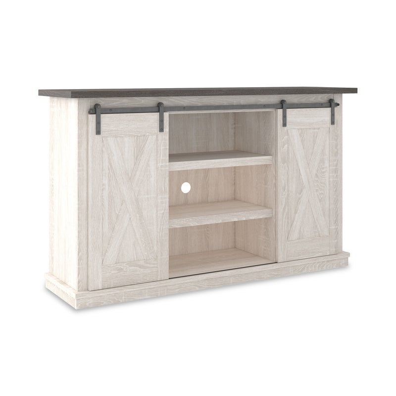 Antique White Sliding-Door TV Stand with Gray-Grain Top