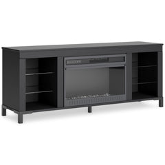 Black TV stand with included fireplace and LED shelves, full product view - 1
