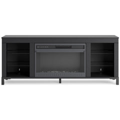 Black TV stand with included fireplace and LED shelves, product view 2 - 2