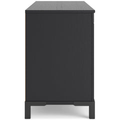 Black TV stand with included fireplace and LED shelves, product view 3 - 3