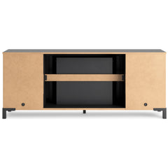 Black TV stand with included fireplace and LED shelves, product view 4 - 4